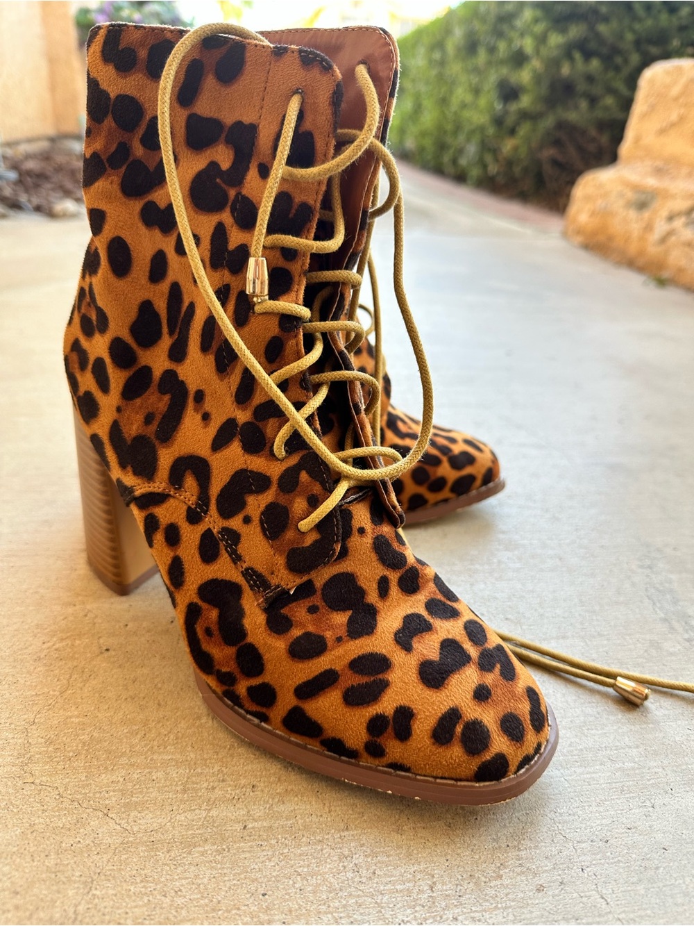Leopard Print Lace-Up Block Heel Ankle Boot - Brown